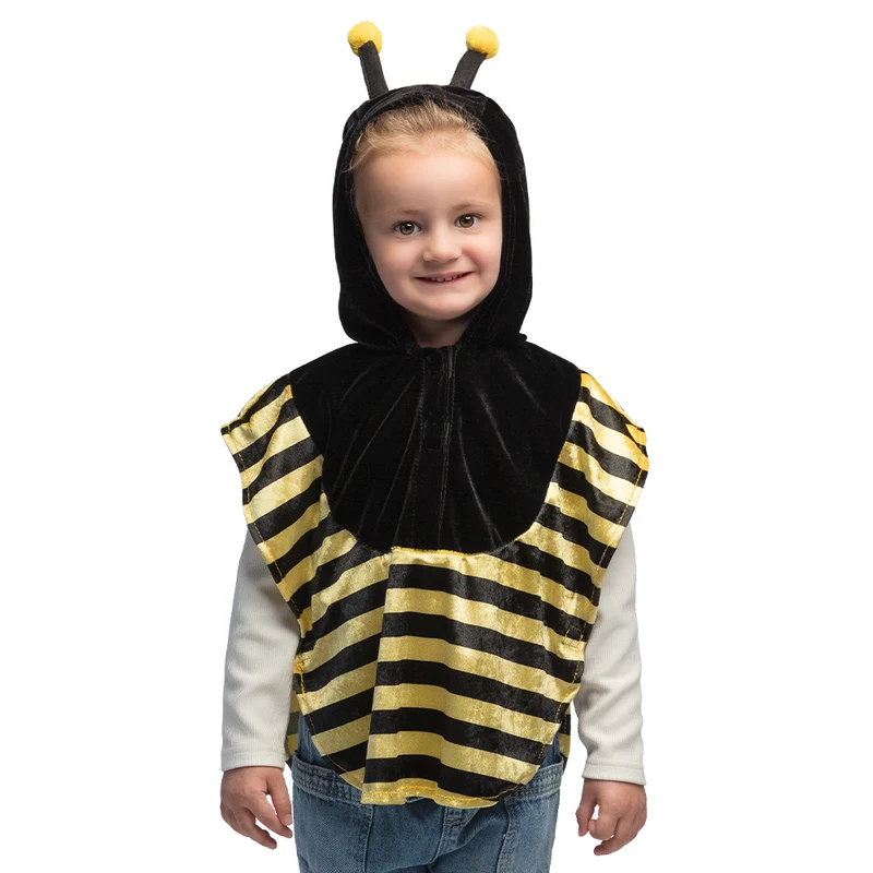 Kinderponcho honingbij zwart geel met capuchon en sprietjes