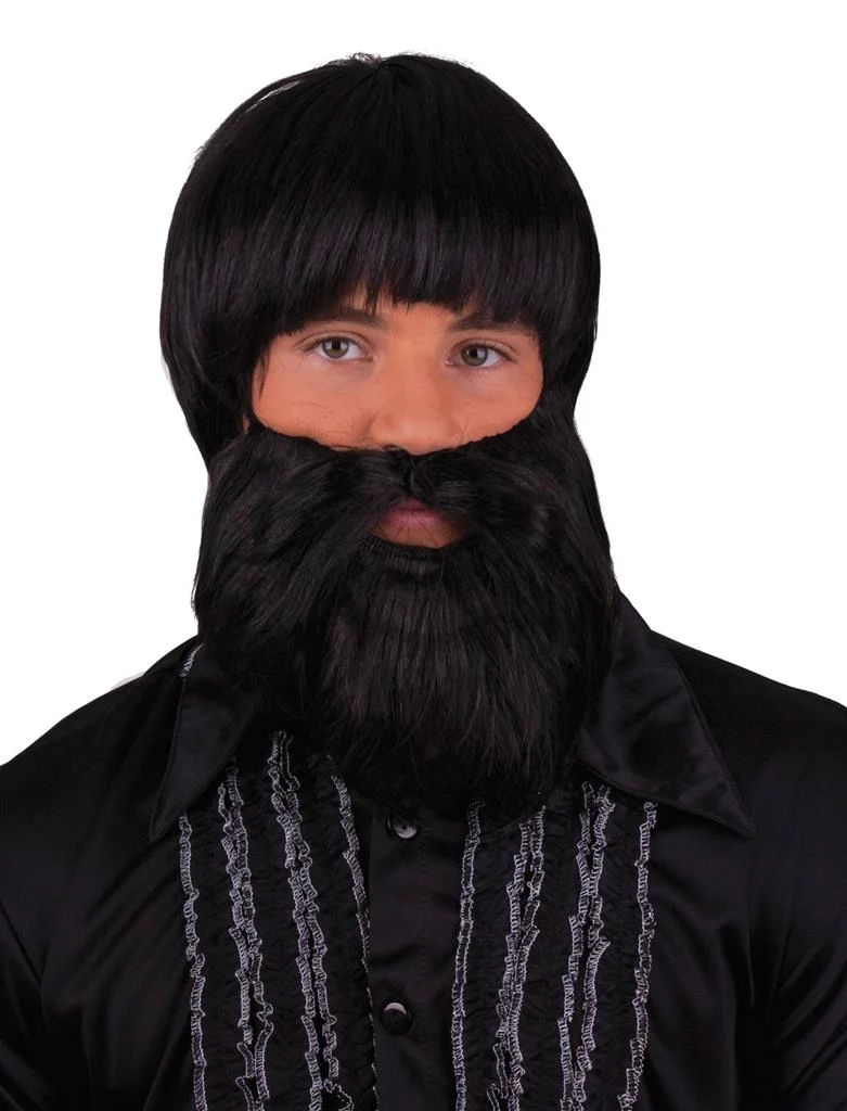 Pruik en baard zwart heren met volle baard en snor