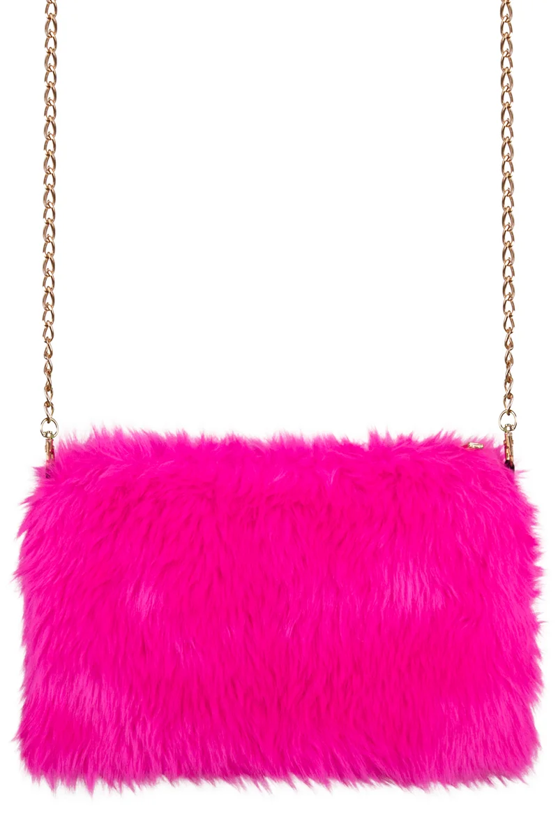 Roze pluche schoudertasje met gouden ketting