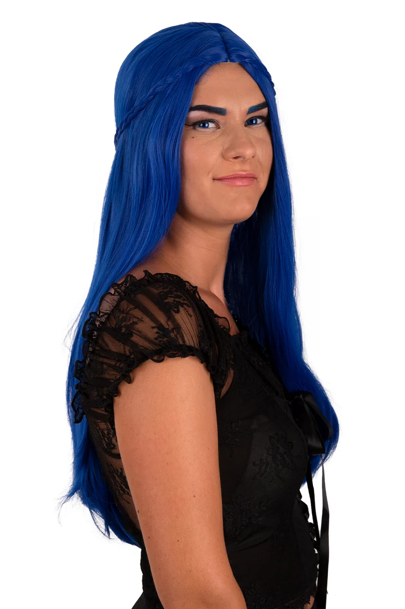 Pruik Eowyn blauw lang met vlechtje dames