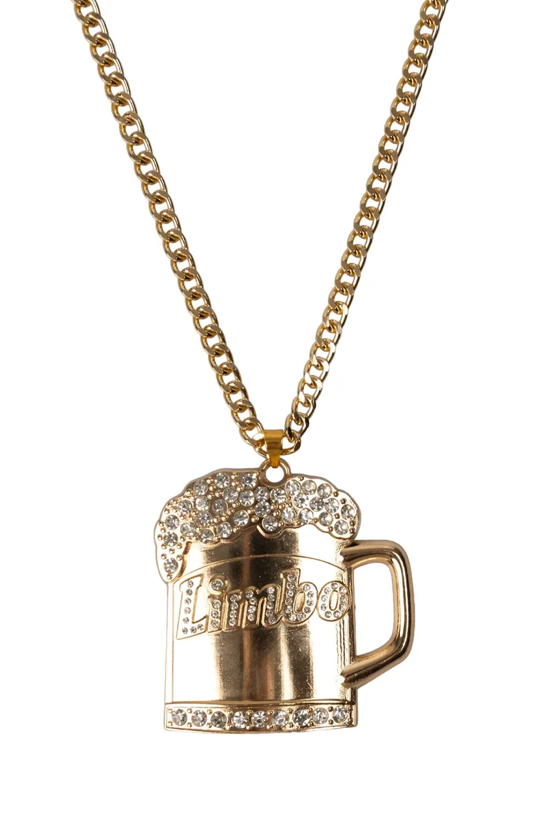 Ketting bierpul goud met tekst Limbo met strass