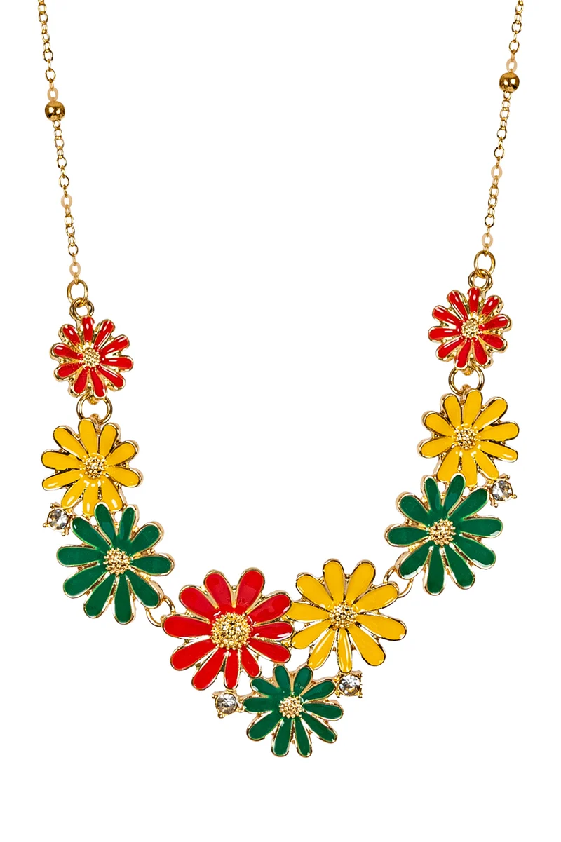 Ketting bloemen rood-geel-groen met steentjes