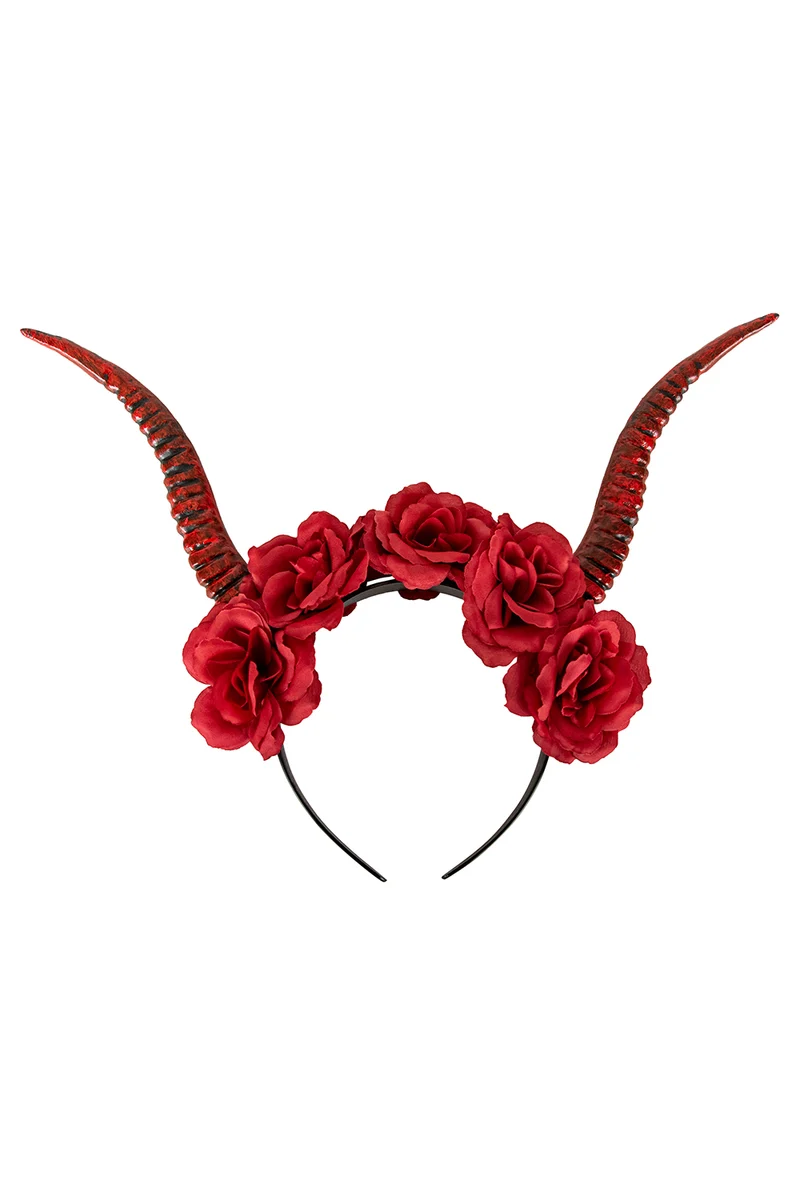 Hoofdband met hoorns rood met rozen dames