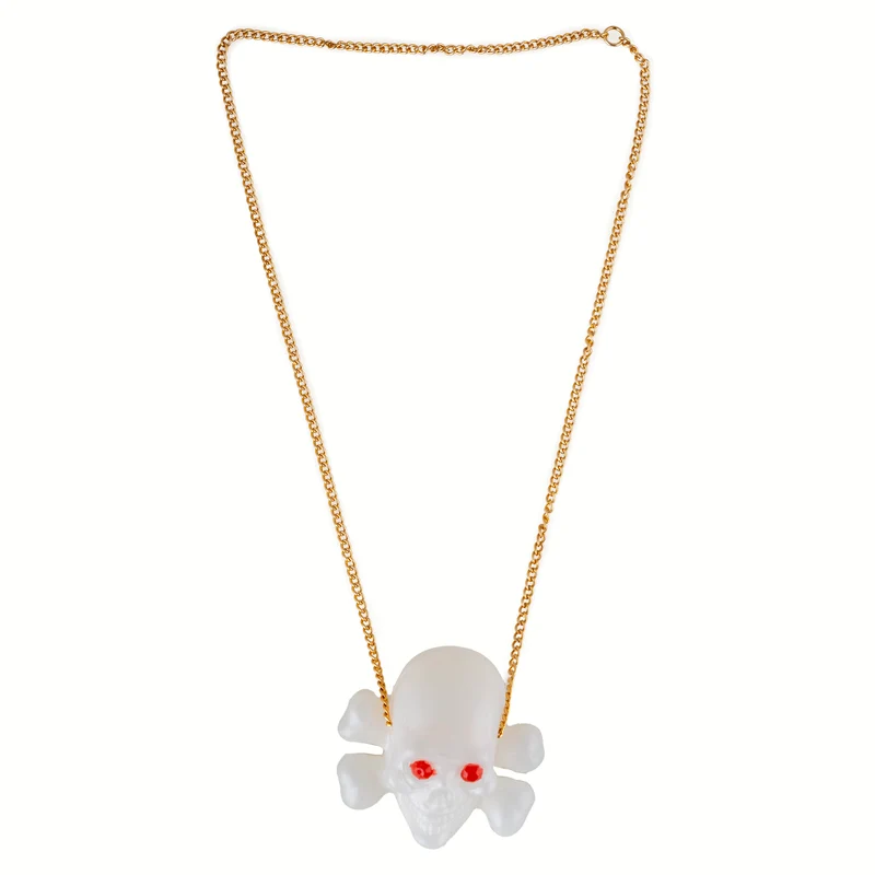 Halsketting doodskop wit met rode ogen en gouden ketting