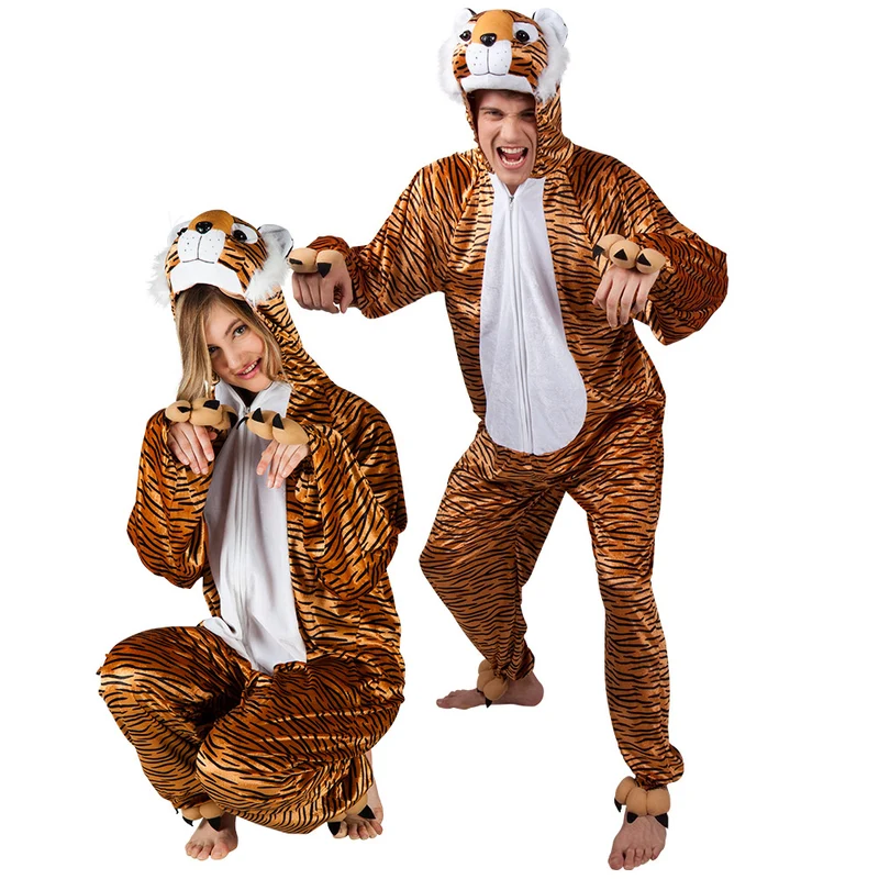 Tijgerpak volwassenen bruin pluche jumpsuit met capuchon