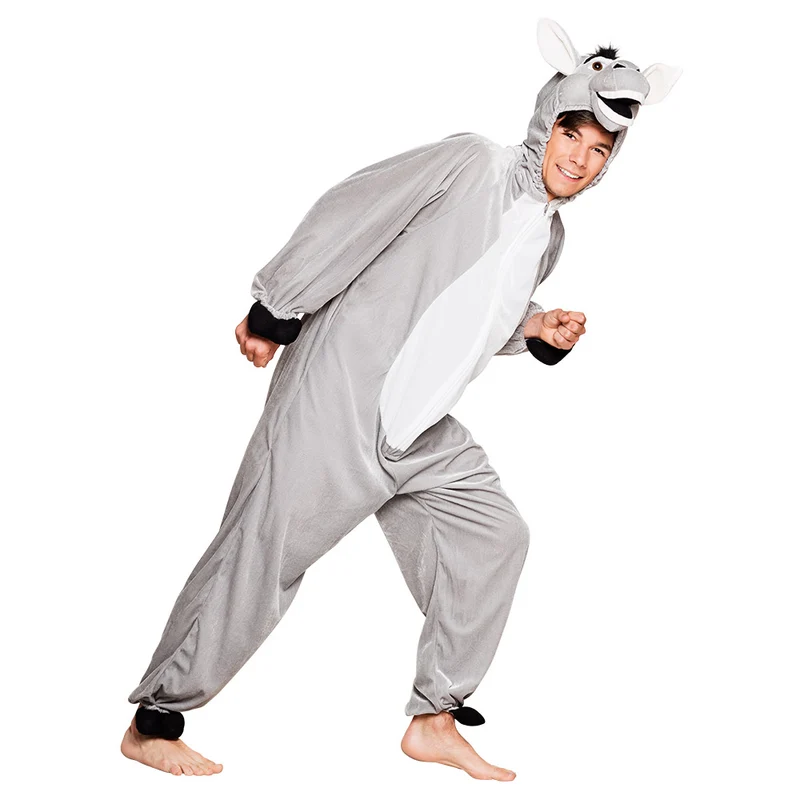 Ezel onesie pluche grijs met capuchon en staart tieners
