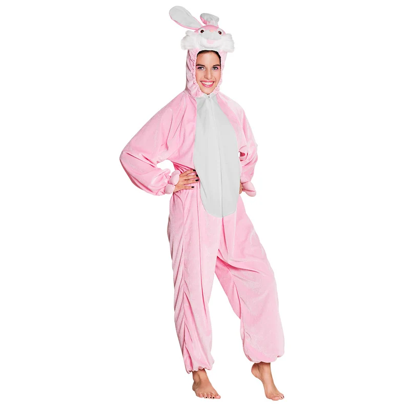 Konijnenpak tiener pluche roze met capuchon en staart