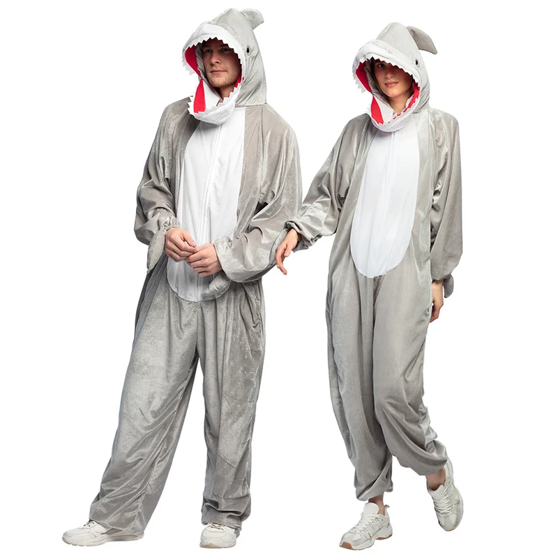 Haaienpak volwassenen grijs pluche jumpsuit met capuchon