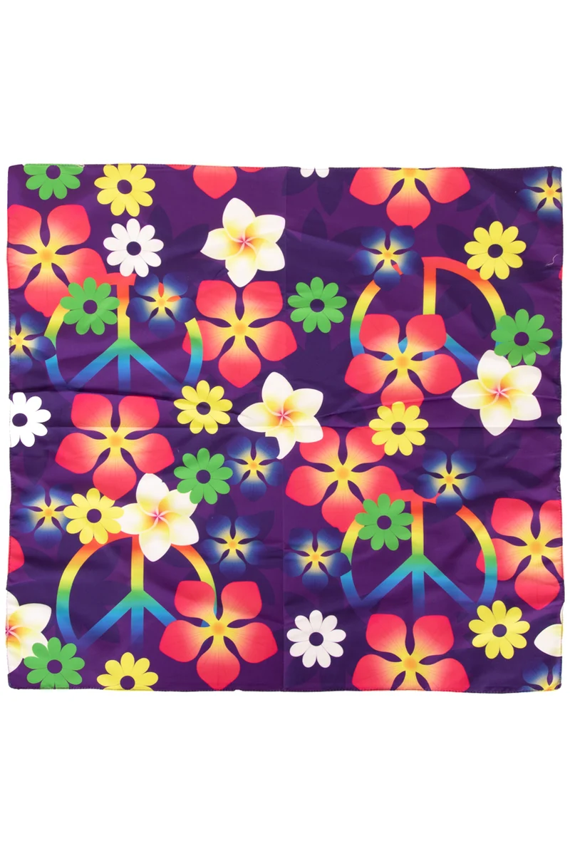 Hippie zakdoek paars met bloemen en peacetekens 70 x 70 cm