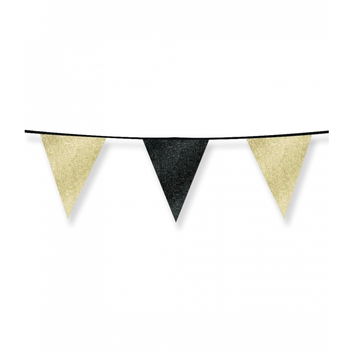 Vlaggenlijn / slinger - 6 meter - glitter goud zwart vlaggetjes