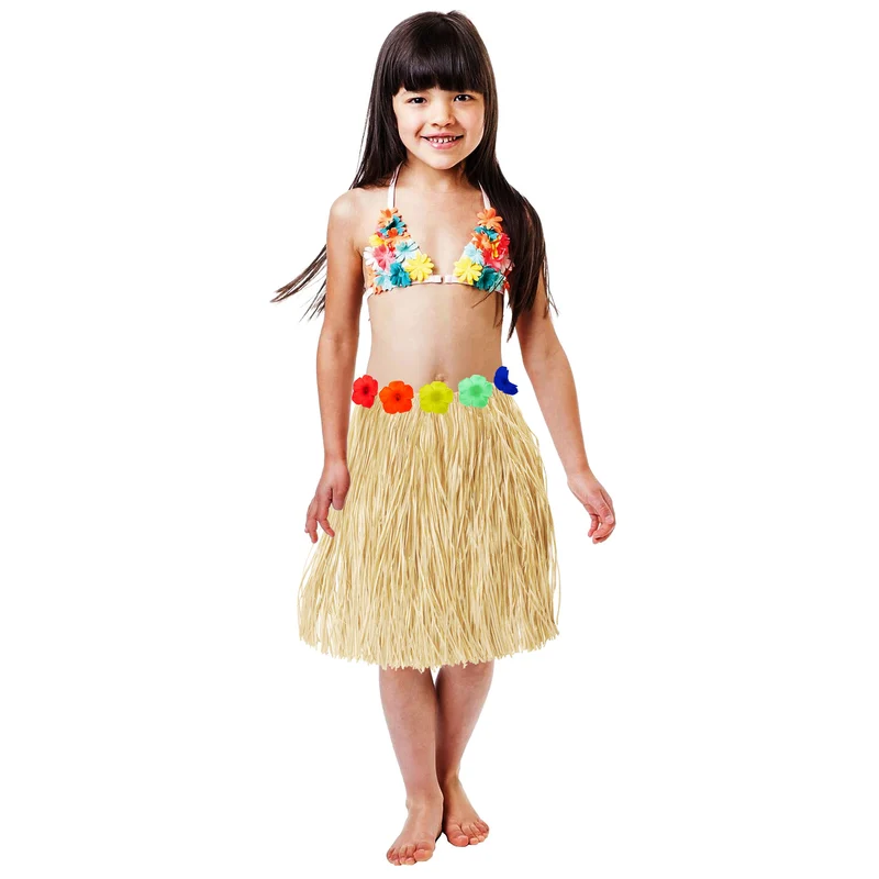 Hawaii rokje raffia naturel met bloemen kinderen en dames