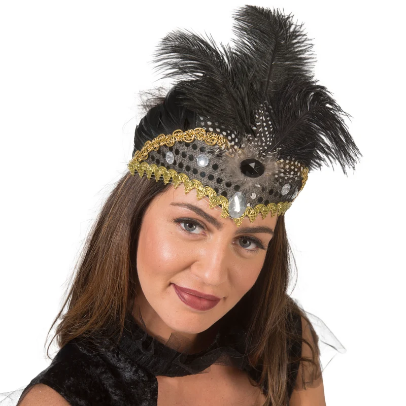Charleston hoofdband zwart met veren en pailletten dames