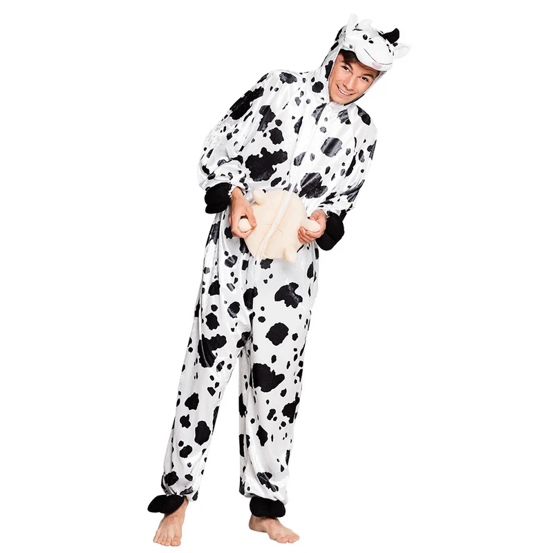 Koe onesie pluche zwart-wit met capuchon en staart