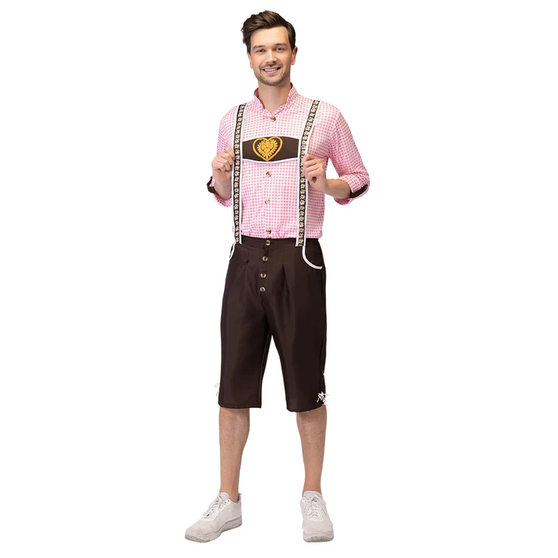Tiroler kostuum heren Herr Schmidt roze shirt met lederhosen