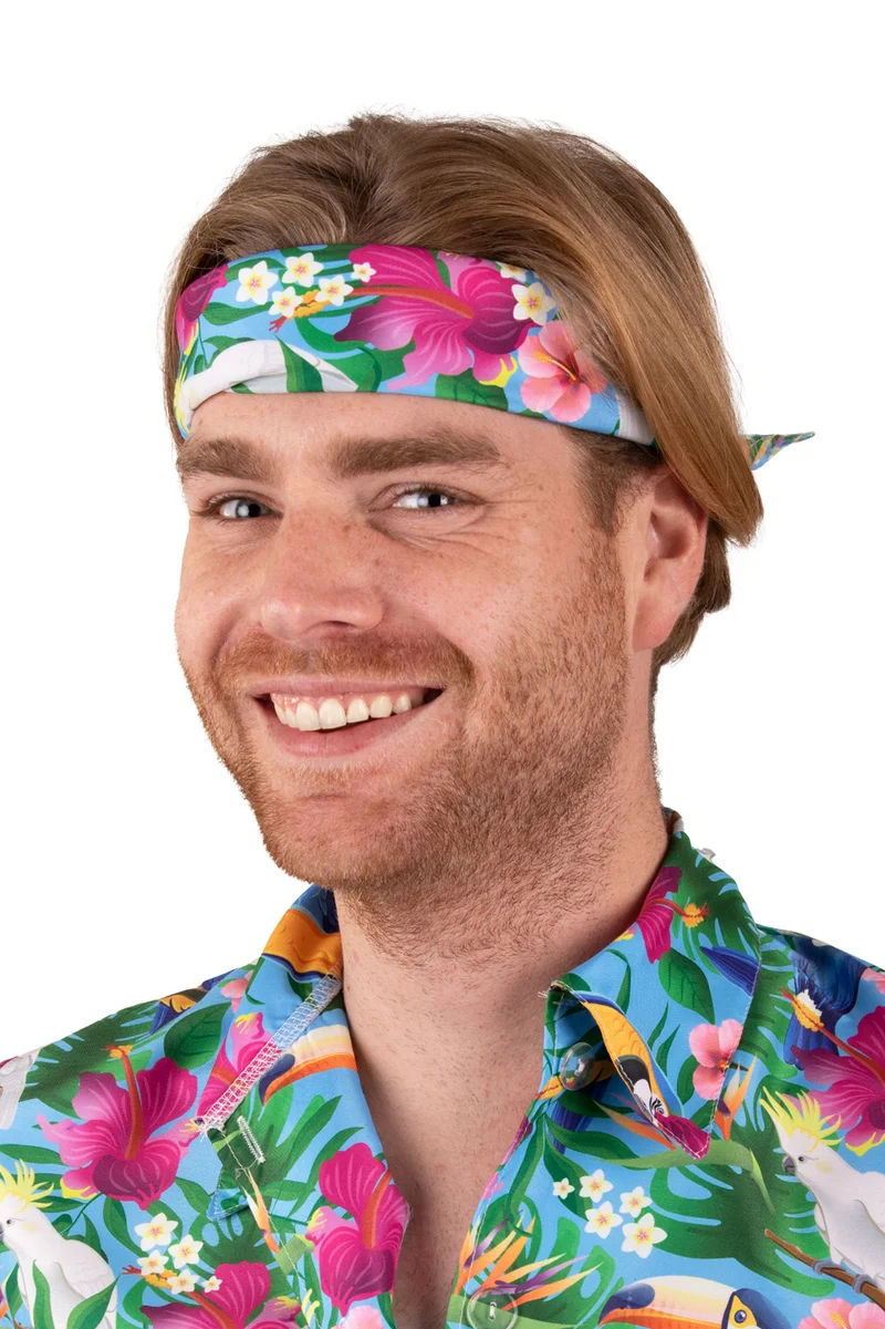 Hawaii zakdoek blauw met tropische bloemenprint 70 x 70 cm