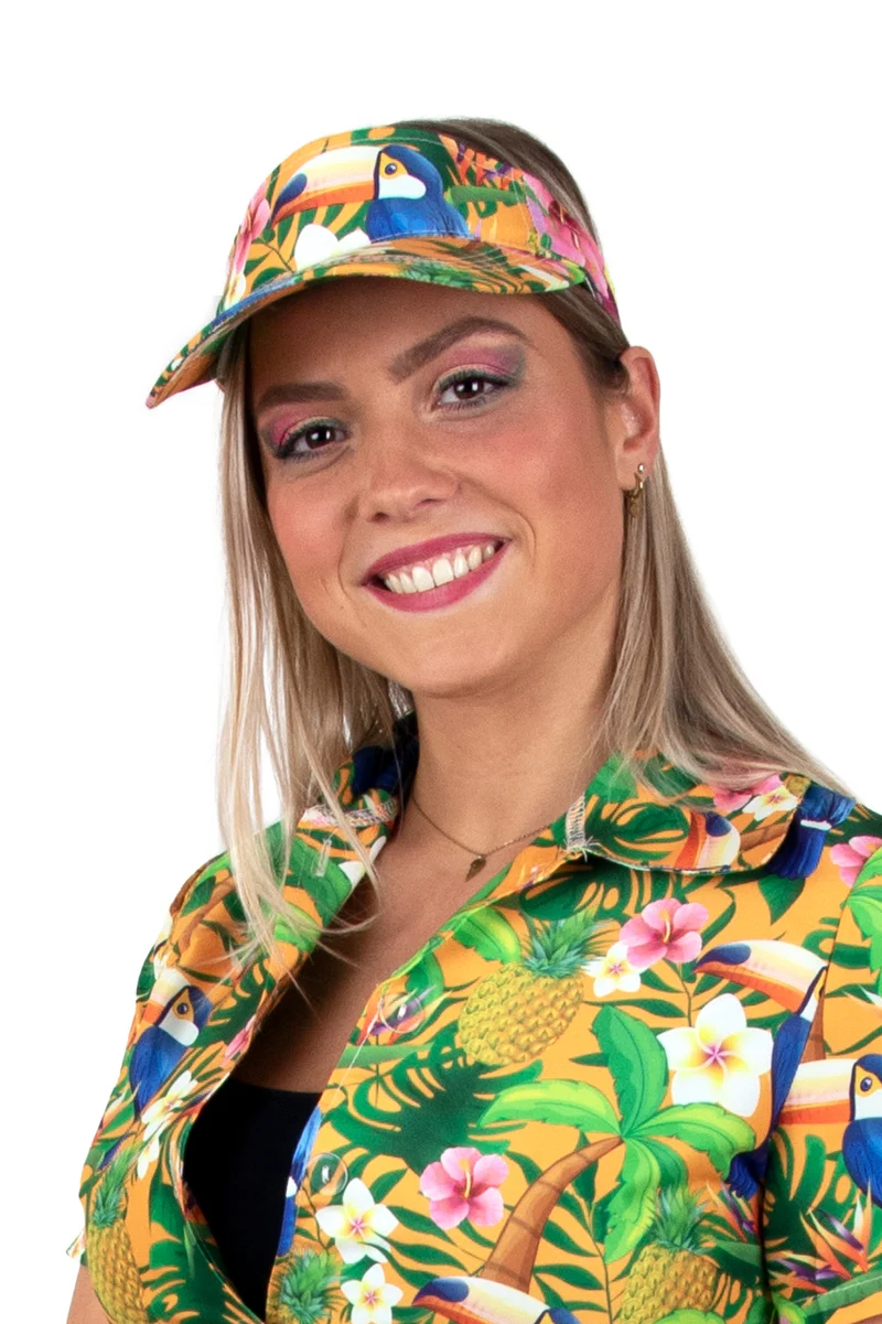 Zonneklep hawaii print oranje met toekans dames en heren