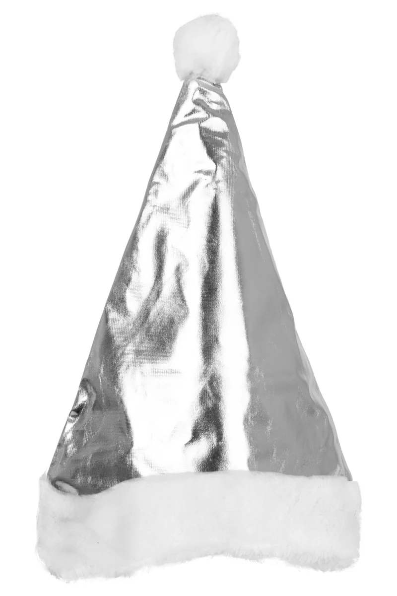 Kerstmuts zilver metallic met witte bontrand en pompon
