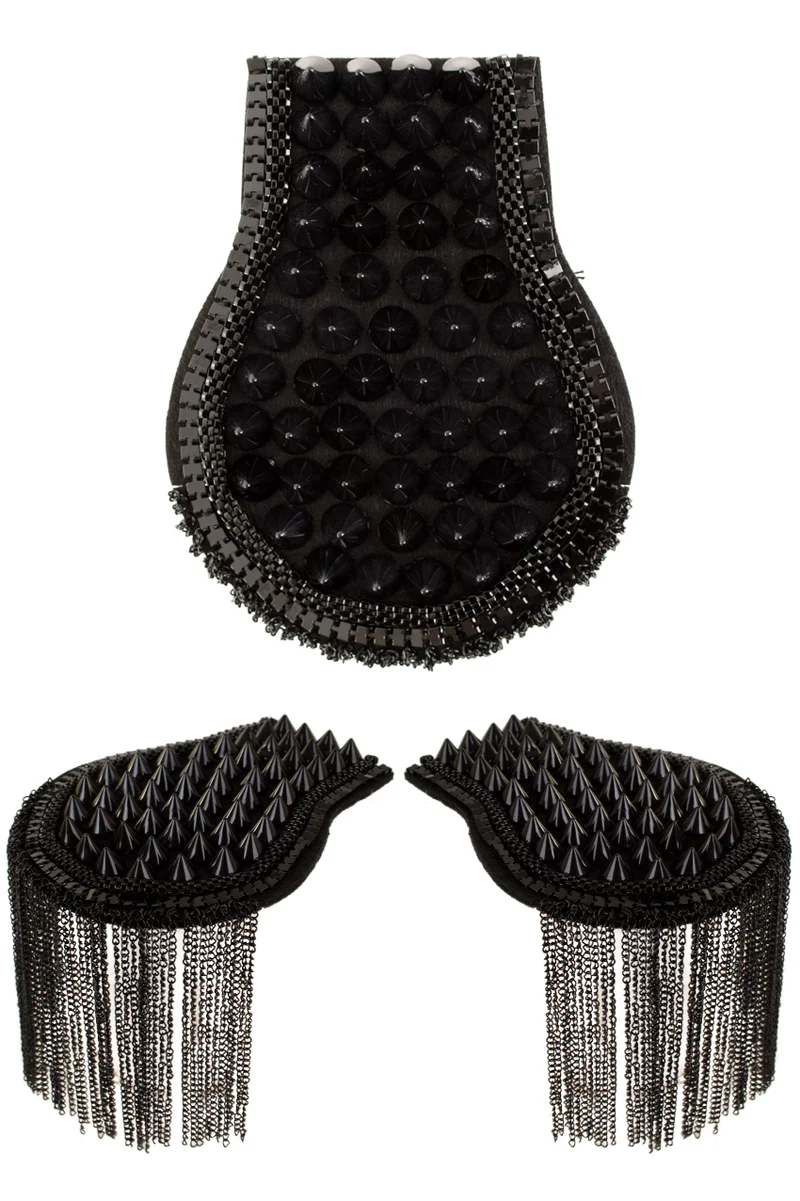 Epauletten met spikes zwart, set van 2 met kettingfranje