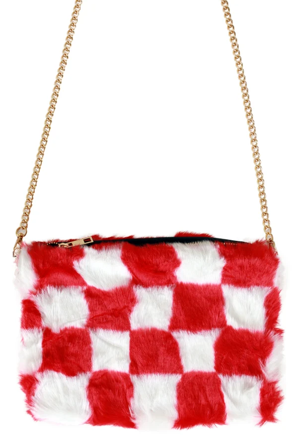 Tasje rood-wit geblokt met gouden schouderketting