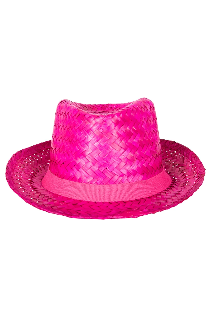 Strohoed Caribbean pink met roze band voor dames en heren