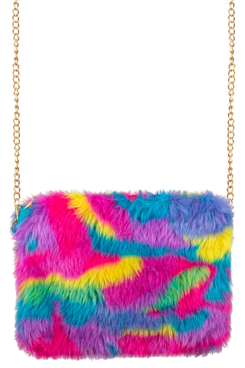 Tasje pluche regenboog met gouden ketting dames