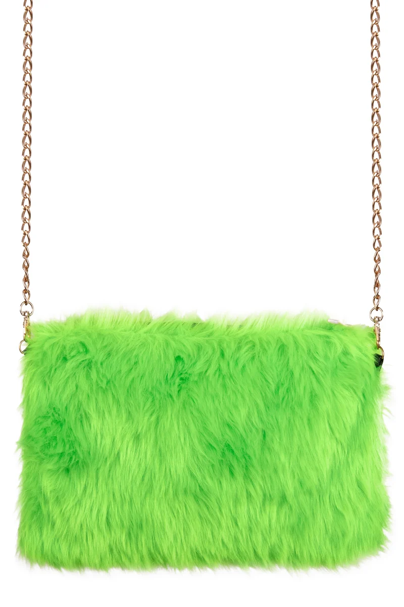 Pluche schoudertasje neongroen met gouden ketting