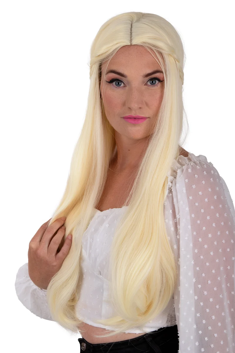 Pruik Eowyn blond, lange blonde pruik met vlechtjes dames