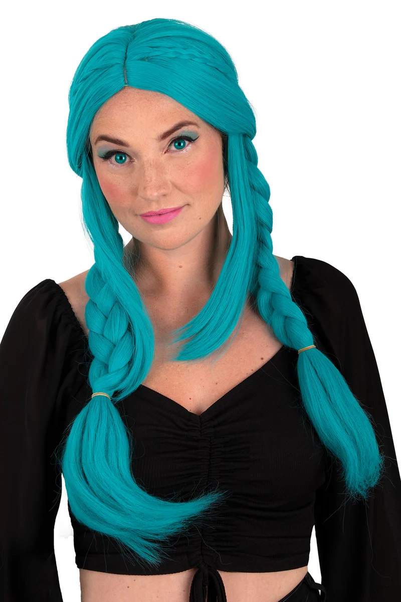 Pruik Elvina turquoise met vlechten dames