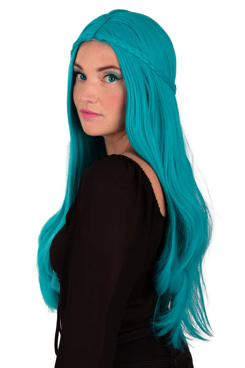 Pruik Eowyn turquoise lang met vlecht dames