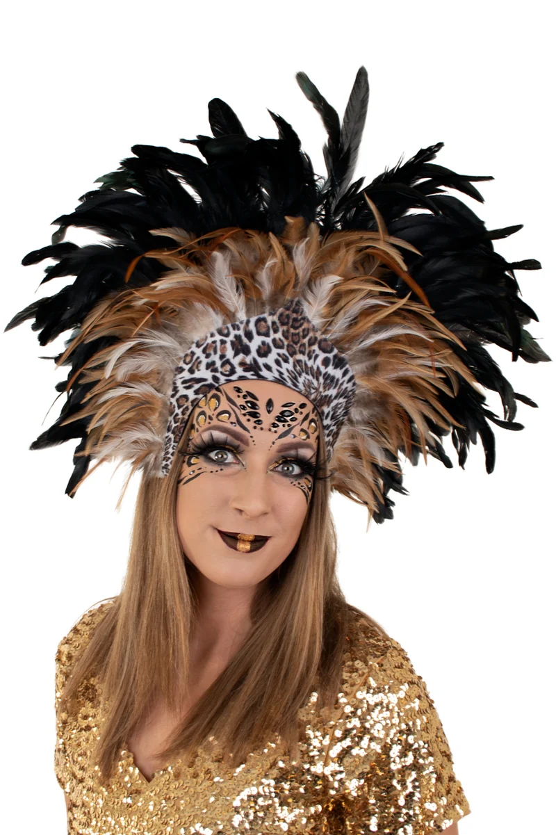 Panter hoofdtooi met veren zwart bruin wit dames