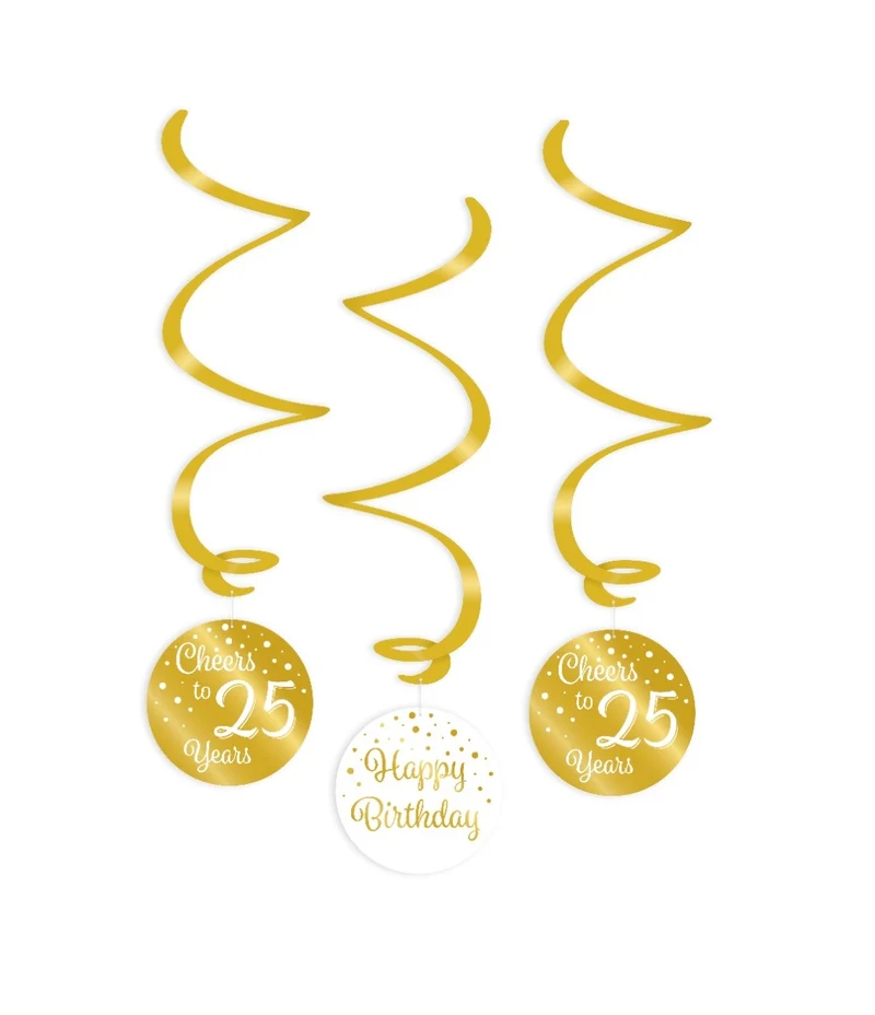 Hangdecoratie Swirls 25 Jaar Goud/Wit (3st)