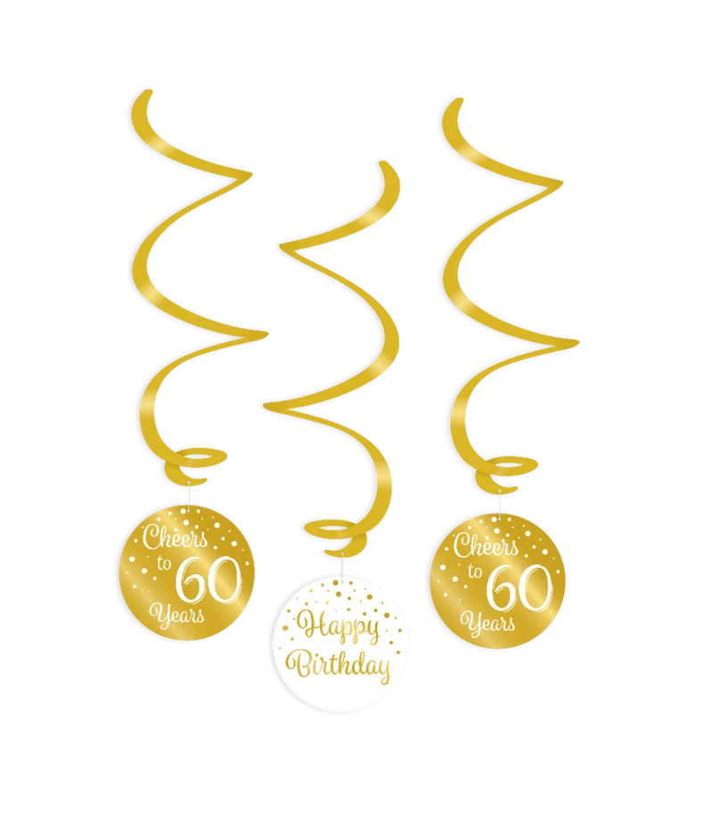 Hangdecoratie Swirls 60 Jaar Goud/Wit (3st)