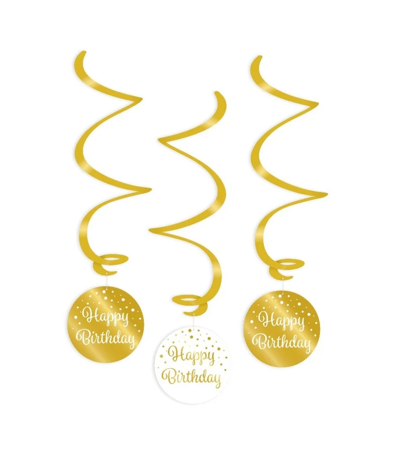 Hangdecoratie Swirls Happy Birthday Goud/Wit (3st)