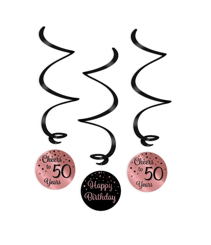 Hangdecoratie Swirls 50 Jaar Roségoud/Zwart (3st)