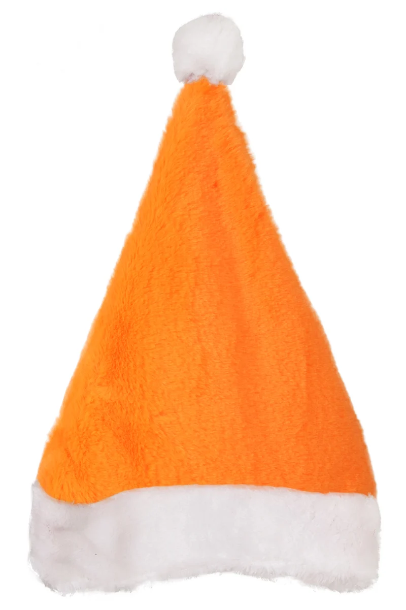 Kerstmuts pluche oranje met witte rand en pompon