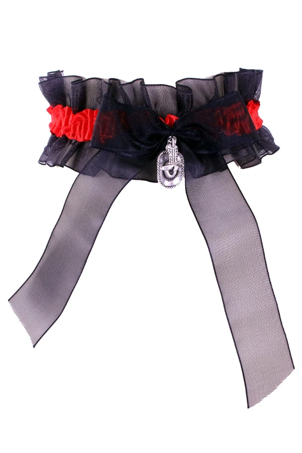 Halsketting zwart met rood kant, strik en hanger dames