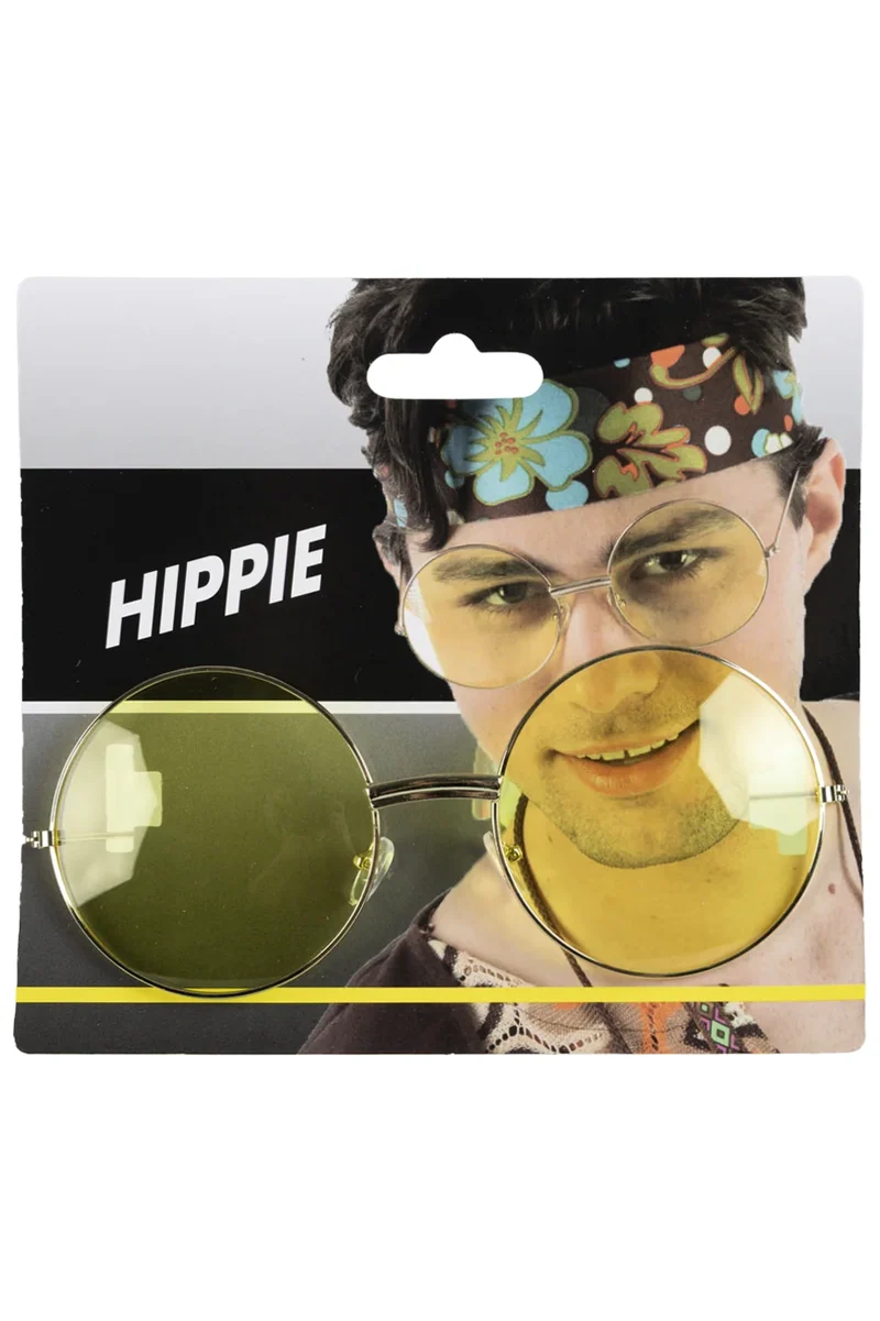 Uilebril goudkleurig met grote gele glazen hippie