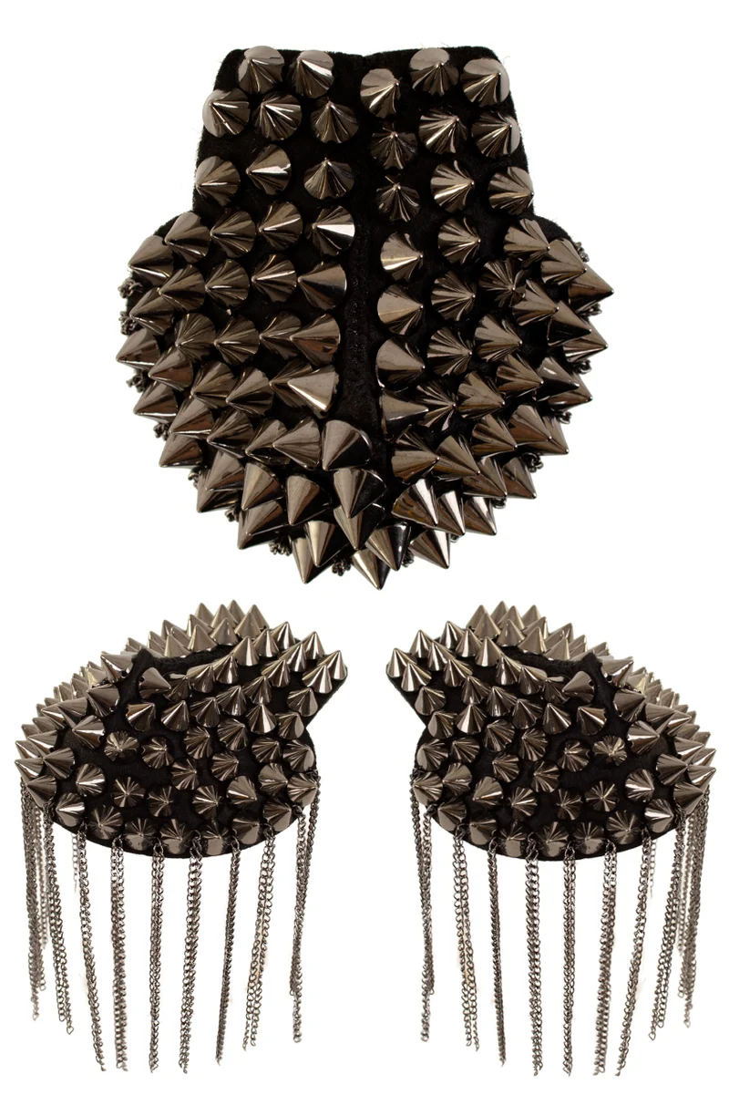 Epauletten met spikes en kettinkjes zwart zilver, 3 delen