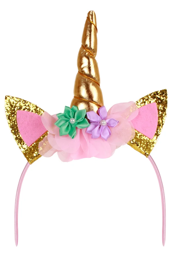 Eenhoorn diadeem met gouden hoorn en glitteroren roze