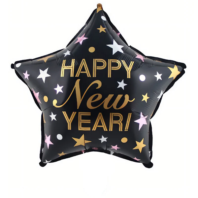 Folieballon ster Happy New Year zwart met goud 46 cm