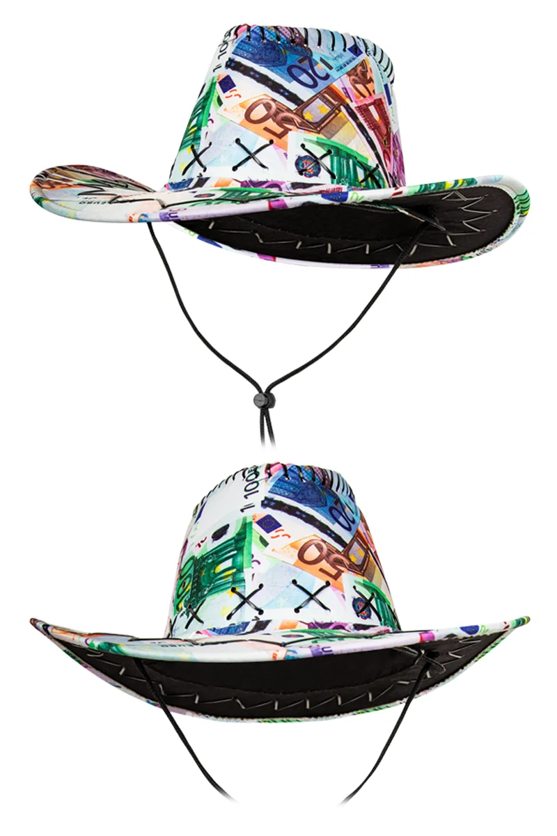 Cowboyhoed met euro print en stormkoord dames en heren