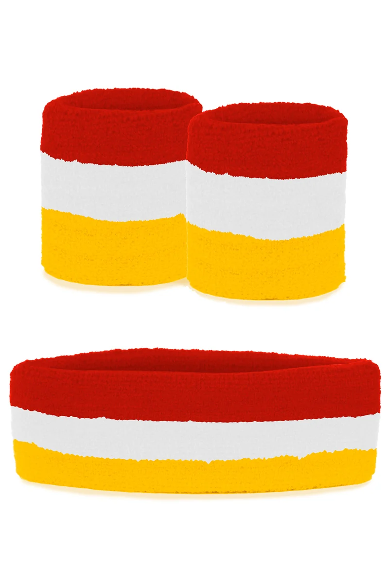 Zweetbandjes set rood wit geel, hoofdband en 2 polsbandjes
