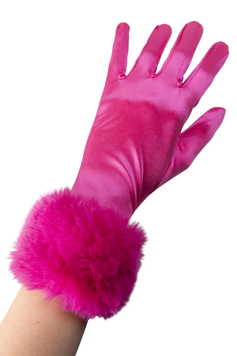 Satijnen handschoenen fuchsia met bontmanchet dames