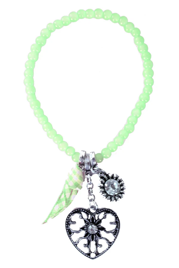 Armband Tiroler kraaltjes groen met hartbedel en lint