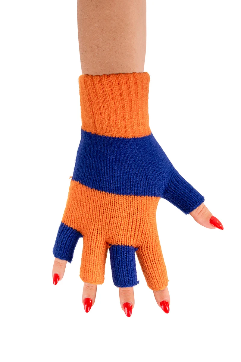 Vingerloze handschoenen oranje blauw gebreid dames en heren