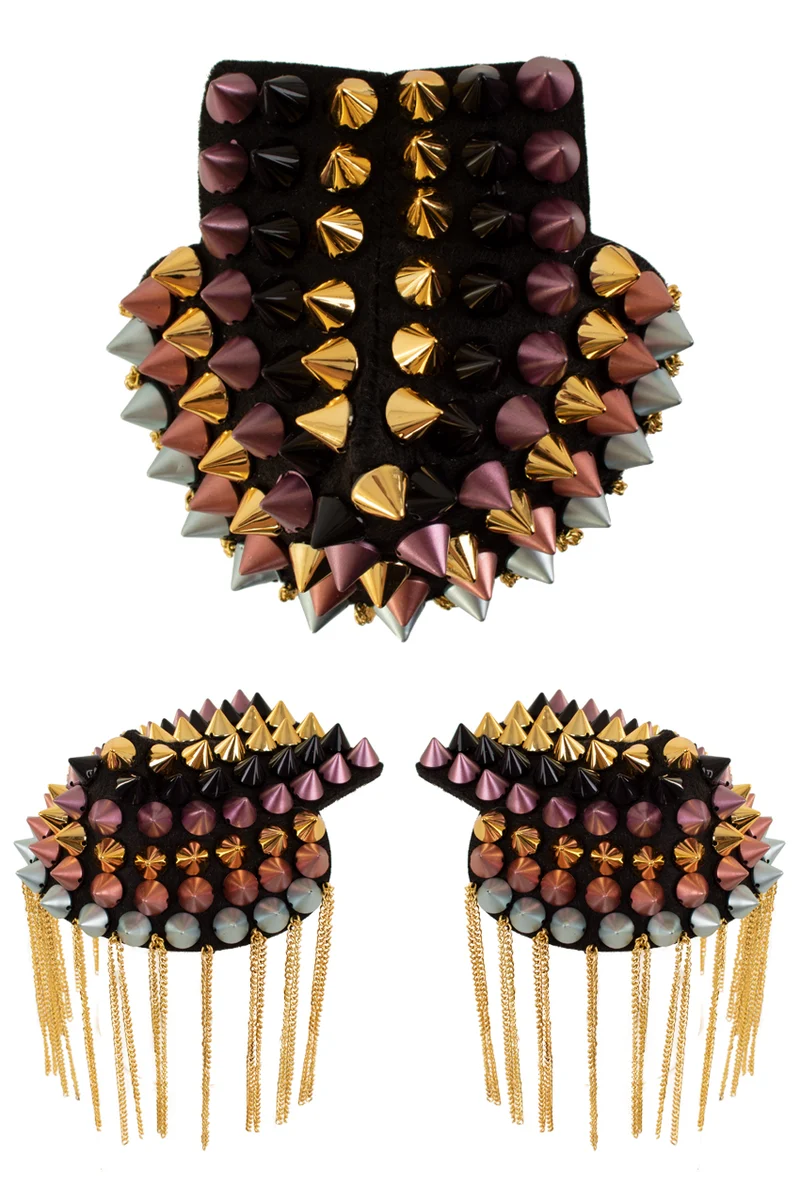 Epauletten met spikes multicolor en gouden kettinkjes
