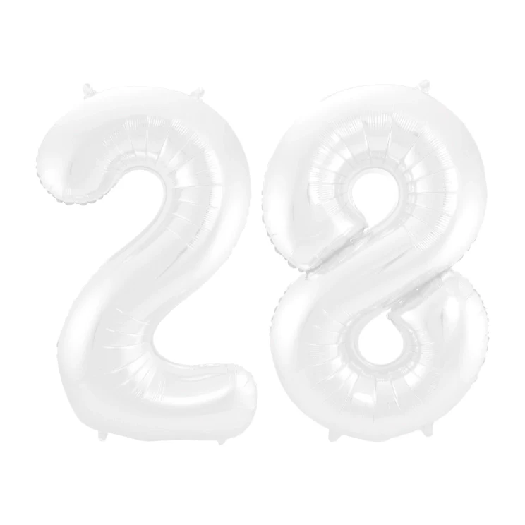 Folieballon 28 jaar metallic wit 86cm