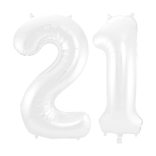 Folieballon 21 jaar metallic wit 86cm