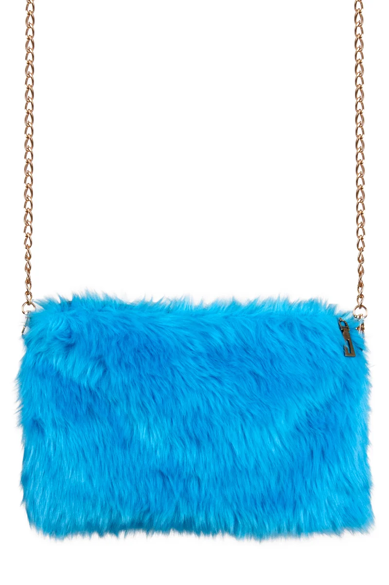 Pluche tasje blauw met gouden ketting voor dames