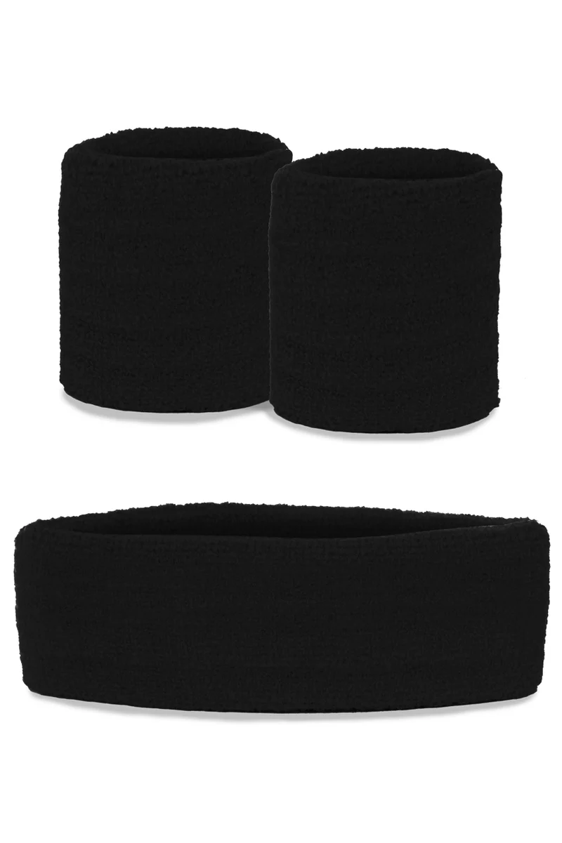 Zweetbandjes set zwart 3-delig met hoofdband en 2 polsbandjes